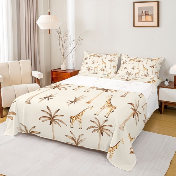 Manfei Cute Giraffe Queen Sheets,Pretty Trees Queen Sheet Sets,Beige,4pcs,1 Flat Sheet, 1 Fitted Sheet and 2 Pillowcases
