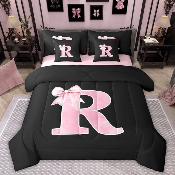 Manfei Cute Girls Bowknot Bowtie Bedding Comforter Set 7-Piece, Monogrammed King Bedding Sets, Personalized Letter R Bed Sheets, Lightweight Bedroom Decor