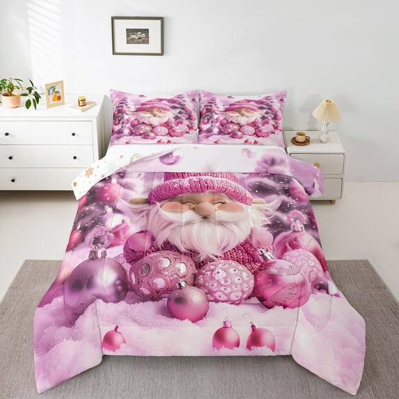 Manfei Cute Gnome King Size Comforter Sets,Pink Christmas Ball Bedding Comforter Set,Merry Xmas Bedding Set For Kids,Microfiber Bedroom Decor Reversible,3pcs