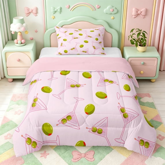 Manfei Cute Goblet Twin Comforter Sets,Olive Bedding Set,Pink Reversible,2pcs,1 Comforter and 1 Pillowcase