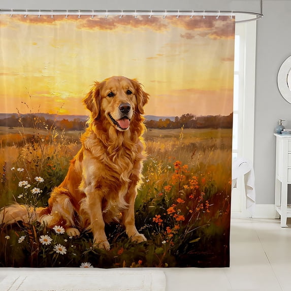 Manfei Cute Golden Retriever Shower Curtain 72Wx72L, Pastoral Wildlife Bathroom Curtain, Golden