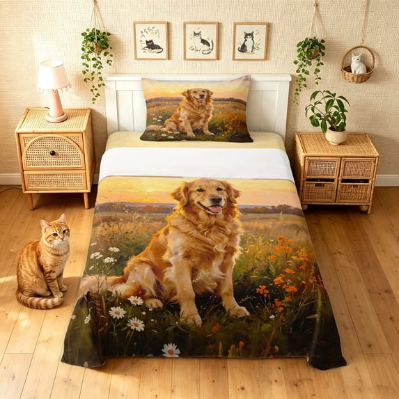 Manfei Cute Golden Retriever Twin Sheets, Pastoral Wildlife Bedding, Golden, 3pcs, 1 Flat Sheet, 1 Fitted Sheet and 1 Pillowcase