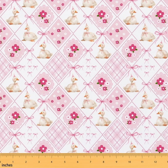 Manfei Cute Goose Fabric by the Yard 10 Yards, Pastel Grid Home Decor Fabric by the Yard, Pink Goose Diamond