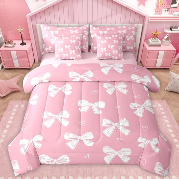 Manfei Cute Graffiti Bowknot Bedding Comforter Set 7 Pieces, Kawaii Love Heart Full Bedding Set, Teens Kids Girls Women Reversible Fitted Sheet Flat Sheet, Luxury Bedroom Decor