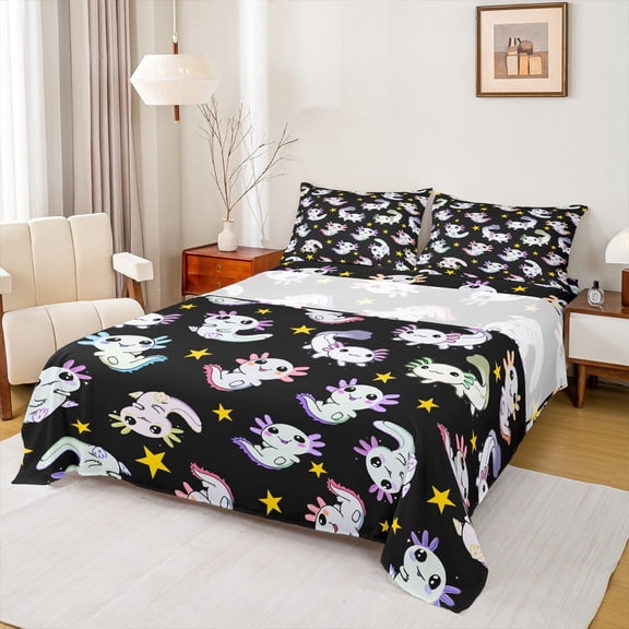 Manfei Cute Grey Axolotl Bed Sheets for Teen, Dreamy Stars Print King Sheets, Kawaii Cartoon Animal Sheet Set, Breathable Home Decor, 4pcs
