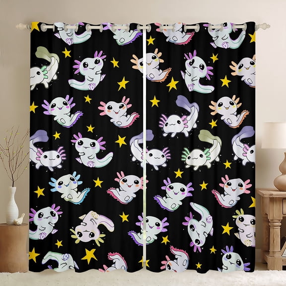 Manfei Cute Grey Axolotl Blackout Curtains Set of 2 (52x84 Each) for Teen, Dreamy Stars Print Window Curtains, Kawaii Cartoon Animal Curtains and Drapes, Window Curtains Home Decor