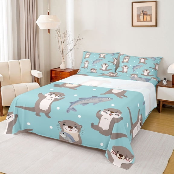 Manfei Cute Grey Otter 3pcs Twin Sheet Sets for Boys Girls,Polka Dots Twin Fitted Sheet,Kawaii Animal Breathable Flat Sheet,Lightweight Room Decor