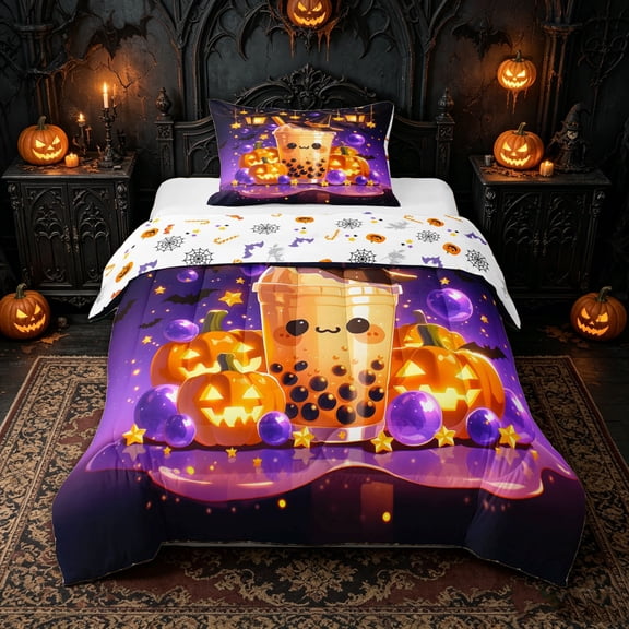 Manfei Cute Halloween Boba Twin Comforter Sets for Kids, Purple Orange Pumpkin Witch Hat Bedding Set, Halloween Reversible, 2pcs, 1 Comforter and 1 Pillowcase