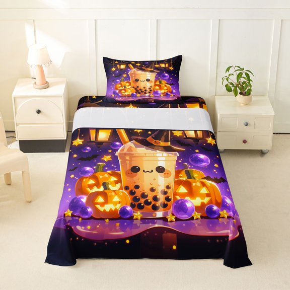 Manfei Cute Halloween Boba Twin Sheets for Kids, Purple Orange Pumpkin Witch Hat Bedding, 3pcs, 1 Flat Sheet, 1 Fitted Sheet and 1 Pillowcase