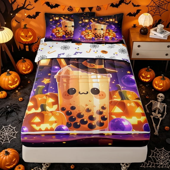 Manfei Cute Halloween Boba Zipper Twin Comforter Sets with Fitted Sheet and 2 Pillowcases for Kids, Purple Orange Pumpkin Witch Hat Zipper Bedding Set, Halloween Reversible, 4pcs