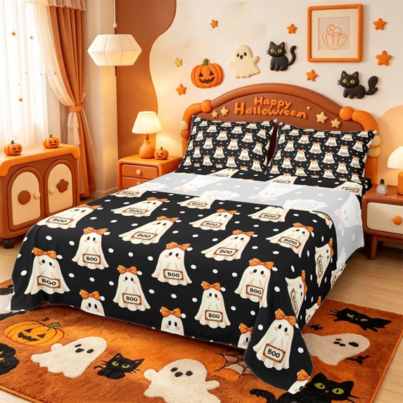 Manfei Cute Halloween Ghost Bed Sheets,Geometric Polkadot Full Size Sheets,4 Pieces,1 Flat Sheet,1 Fitted Sheet and 2 Pillowcases