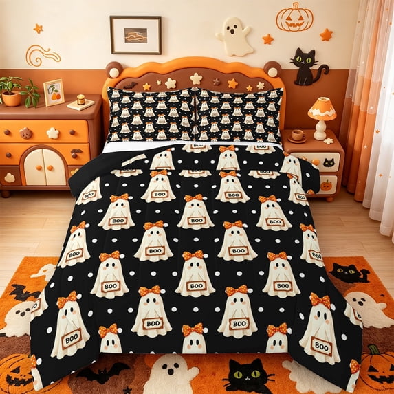 Manfei Cute Halloween Ghost King Size Comforter Sets,Geometric Polkadot Comforters King Size,Black Reversible,3-Piece,1 Comforter and 2 Pillowcases