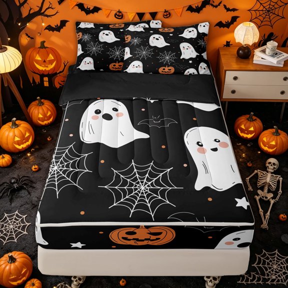 Manfei Cute Halloween Spooky Ghost Zipper Twin Comforter Sets with Fitted Sheet and 2 Pillowcases, Black Pumpkin Spider Web Zipper Bedding Set, Black Reversible, 4-Piece