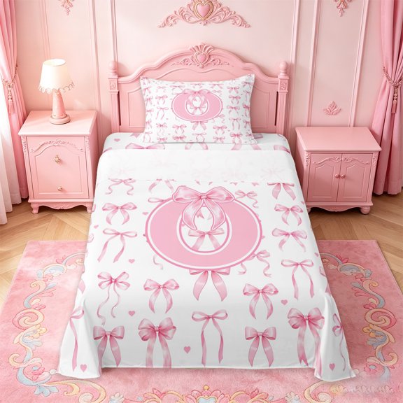 Manfei Cute Heart Pattern Twin Sheet Sets For Kids,Letter O Initial Monogrammed Bedding For Bowknot Lover,3-Piece