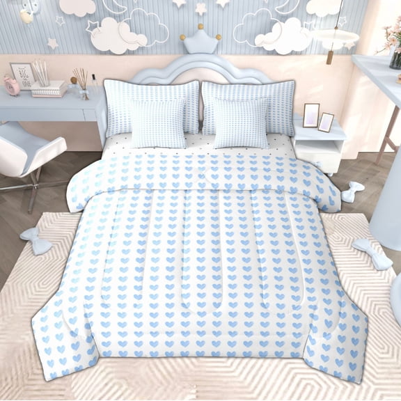 Manfei Cute Heart Print Bedding Comforter Set 7pcs for Girls, Blue White Full Bedding Set, Love Theme Fitted Sheet Flat Sheet, Super Cozy Room Decor