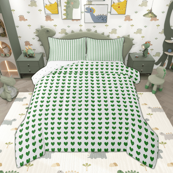 Manfei Cute Heart Print Bedding Comforter Set for Girls, Green White Twin Comforter Sets, Love Theme Bedding Set, Breathable Home Decor Reversible 2-Piece