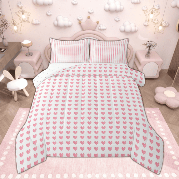 Manfei Cute Heart Print Bedding Comforter Set for Girls, Pink White Twin Comforter Sets, Love Theme Bedding Set, Breathable Home Decor Reversible 2-Piece