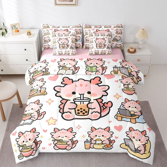 Manfei Cute Heart Print Twin Bedding,Kawaii Axolotl Bedding Comforter Set For Girls,Pink,Pink Reversible,7 Pieces
