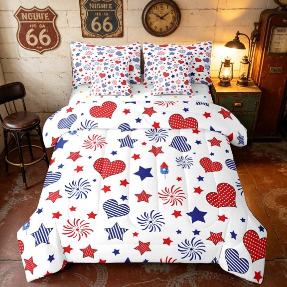 Manfei Cute Heart Star Firework Twin Bedding, 4th of July Bedding Comforter Set, Red White Blue, Polka Dots Reversible 7-Piece
