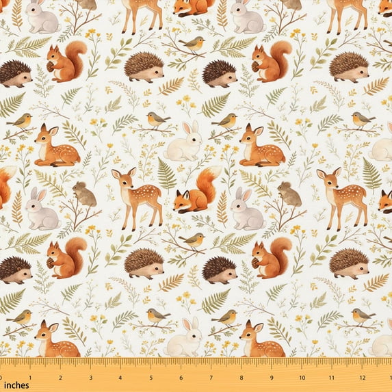 Manfei Cute Hedgehog Deer Fabric by the Yard 1 Yard, Cartoon Animal Home Decor Fabric by the Yard, Ivory Woodland
