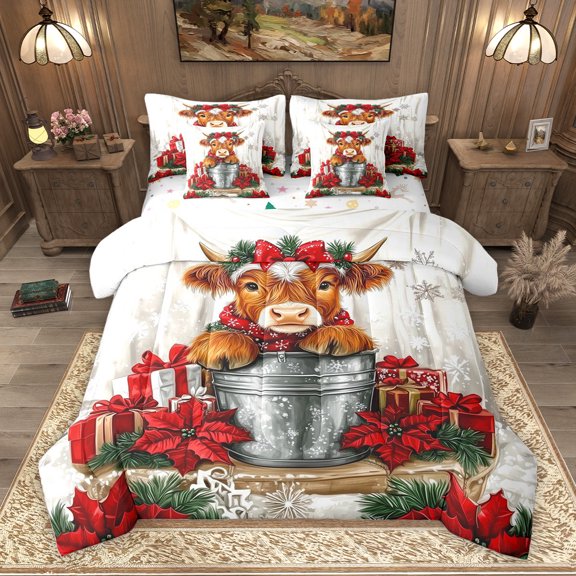 Homewish Cute Highland Bull Twin Bedding Sets 7-Piece, Christmas Poinsettia Flower Bedding Comforter Set, Rustic Farmhouse Reversible Sheet Sets, Lightweight Room Decor