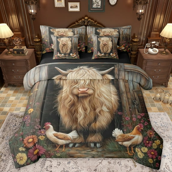 Manfei Cute Highland Cattle 7 Pieces Bedding Comforter Set,Rustic Farmhouse Cabin Full Bedding Set,Colorful Daisy Flowers Fitted Sheet Flat Sheet For Men Women,Ultra Soft Home Decor Reversible