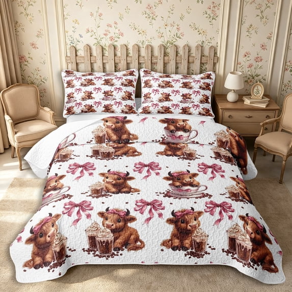 Manfei Cute Highland Cattle Bed Spread Queen 3pcs,Cartoon Ribbon Bow Queen Coverlet Set,Pink Brown,1 Quilt and 2 Pillowcases