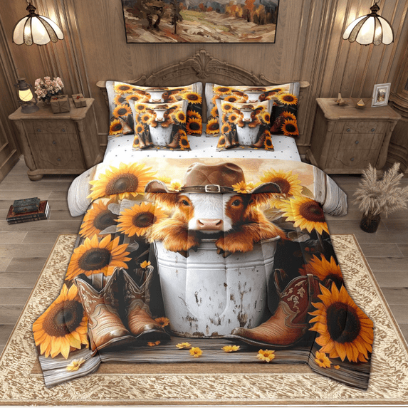 Manfei Cute Highland Cattle Bedding Comforter Set 7 Pieces, Botanical Sunflower Floral Queen Bedding Sets, Western Cowboy Queen Sheet Sets, Microfiber Bedroom Decor