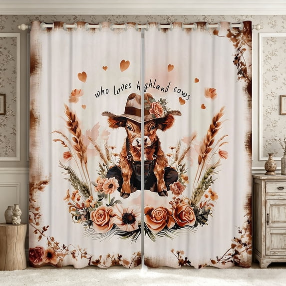 Manfei Cute Highland Cattle Blackout Curtains Set of 2 (52x84 Each),Farmhouse Floral Animal Curtain,Cream Brown Pink