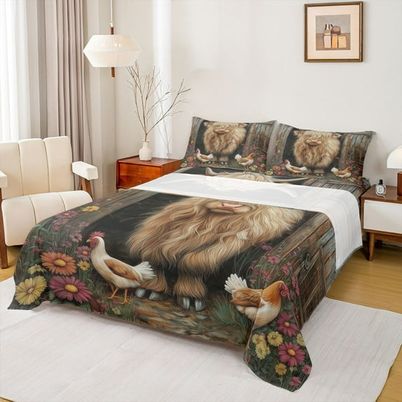 Manfei Cute Highland Cattle Full Size Sheets,Rustic Farmhouse Cabin Bed Sheets,Colorful Daisy Flowers Sheet Sets For Men Women,Ultra Soft Home Decor,4 Pieces