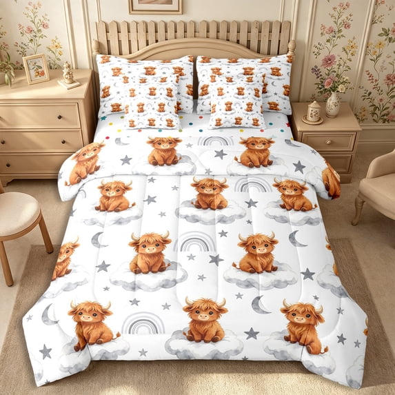 Manfei Cute Highland Cattle King Bedding 7pcs,Cartoon Rainbow King Bed in a Bag,Gray White Brown