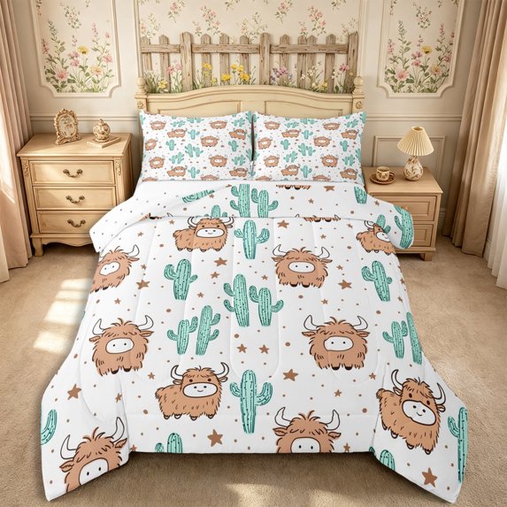Manfei Cute Highland Cattle Queen Comforter Set 3 Pieces,Cartoon Cactus Comforter Sets Queen,Teal Brown,1 Comforter and 2 Pillowcases,Reversible