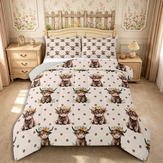 Manfei Cute Highland Cattle Queen Comforter Set 3 Pieces,Cartoon Floral Animal Comforter Sets Queen,Light Beige Brown,1 Comforter and 2 Pillowcases,Reversible