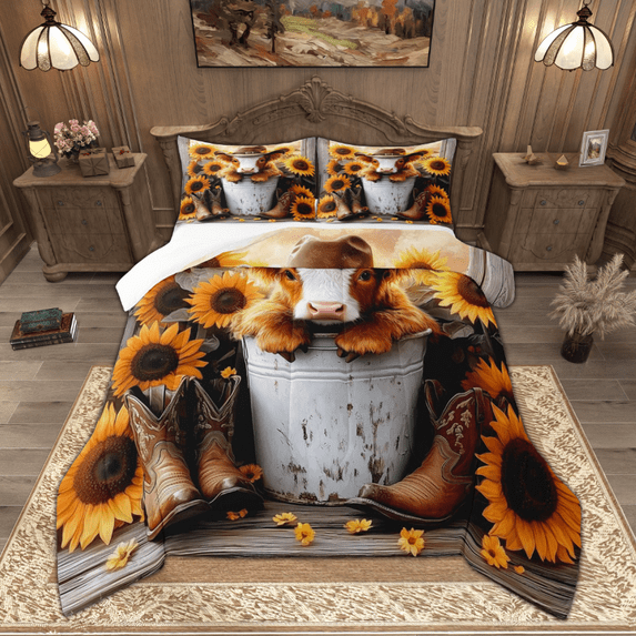 Manfei Cute Highland Cattle Queen Comforter Set, Botanical Sunflower Floral Bedding Sets, Western Cowboy Bedding Comforter Set, Microfiber Bedroom Decor 3-Piece