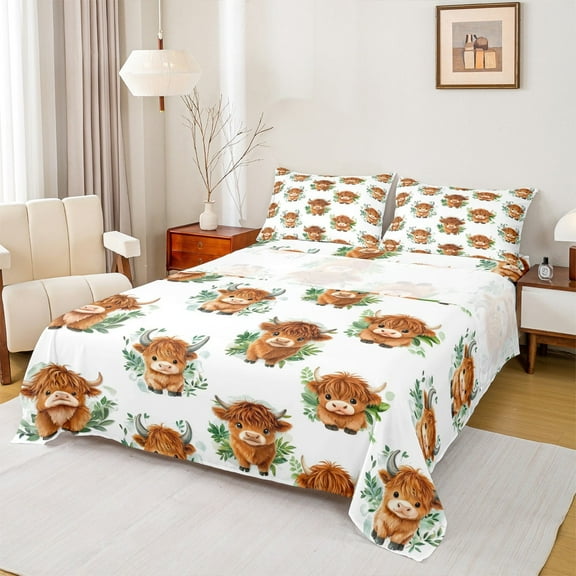 Manfei Cute Highland Cattle Queen Sheet Sets,Green Leaves Flat Sheet,Rustic Farmhouse Cabin Queen Fitted Sheet For Girls,Breathable Home Decor,4-Piece