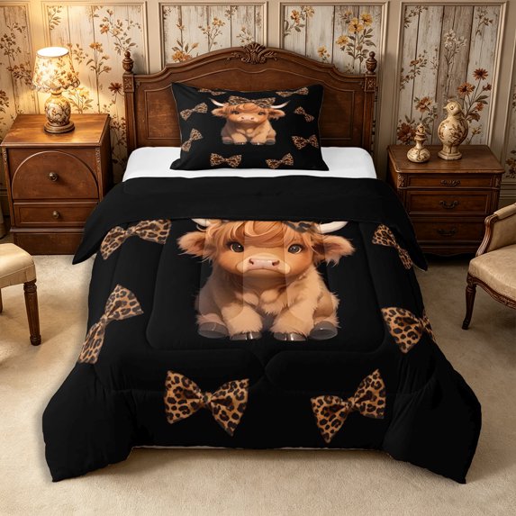 Manfei Cute Highland Cattle Twin Comforter Sets 2pcs,Leopard Print Bow Bedding Set,Black Brown,1 Comforter and 1 Pillowcase,Reversible