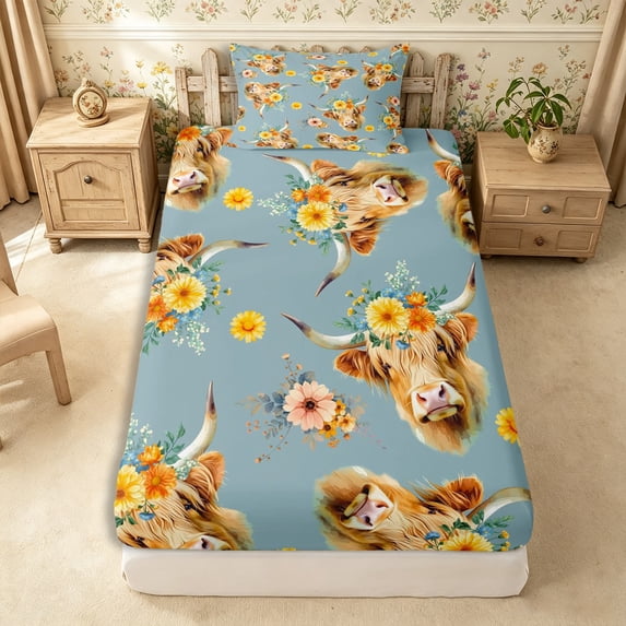 Manfei Cute Highland Cattle Twin Fitted Sheet 2 Pieces,Cartoon Floral Animal Bedding,Dusty Blue Beige,1 Fitted Sheet and 1 Pillowcase