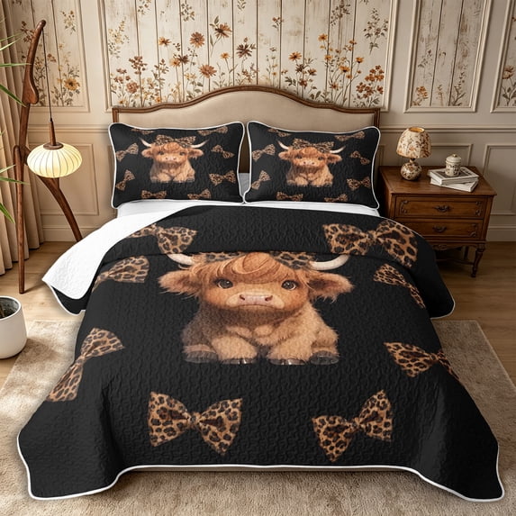 Manfei Cute Highland Cattle Twin Quilt Set 2 Pieces,Leopard Print Bow Twin Coverlet Set,Black Brown,1 Bedspread and 1 Pillowcase