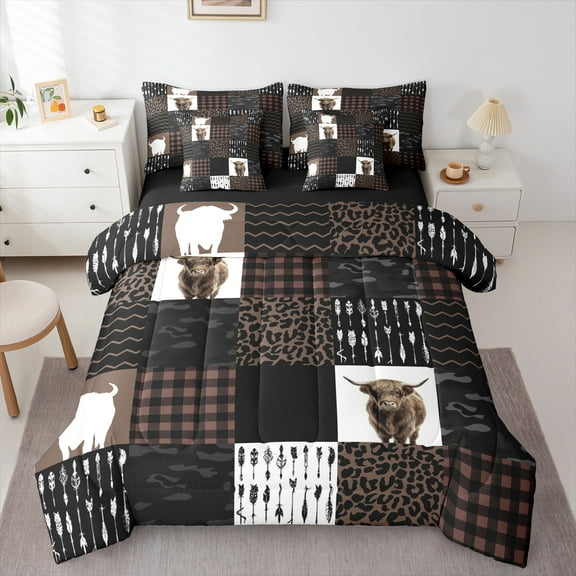 Manfei Cute Highland Cow 7-Piece Bedding Comforter Set,Brown Leopard Print King Bedding Sets,Patchwork Geometric Plaid Bed Sheets For Girls Boys,Breathable Home Decor Reversible