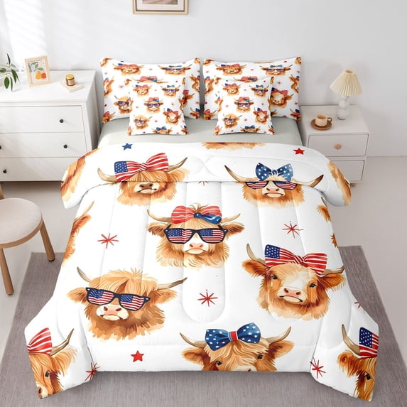 Manfei Cute Highland Cow 7-Piece Twin Bedding,American Flag Bowtie Bedding Comforter Set,Brown,Light Gray Reversible