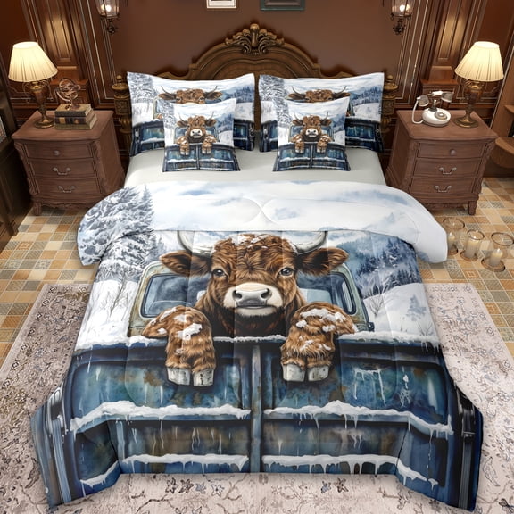 Manfei Cute Highland Cow 7 Pieces Bedding Comforter Set,Rustic Farmhouse Cabin Full Bedding Set,Brown Cattle Fitted Sheet Flat Sheet For Girls Kid,Breathable Home Decor Reversible