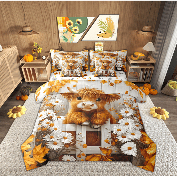 Manfei Cute Highland Cow Bedding Comforter Set 7-Piece, Groovy Flower Floral King Bedding Sets, Rustic Farmhouse Animal Reversible Bed Sheets, Super Cozy Room Decor