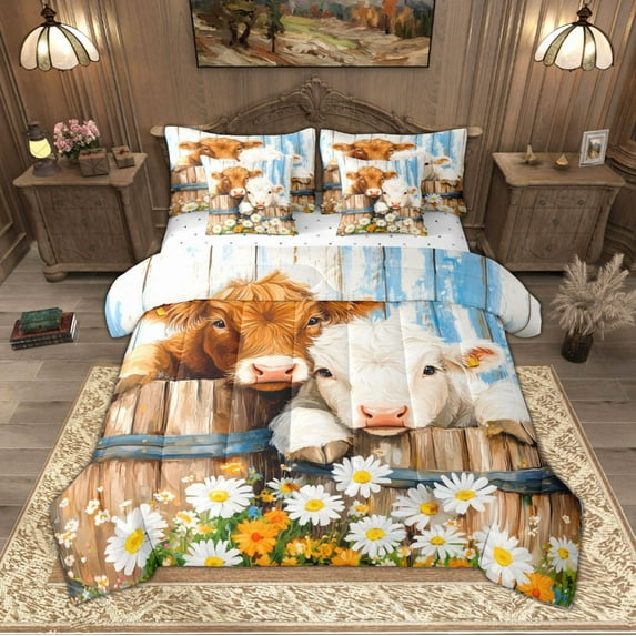 Manfei Cute Highland Cow Bedding Comforter Set 7-Piece for Kids, White Orange Daisy King Bedding Sets, Barn Door Lodge Cabin Bed Sheets, Lightweight Room Decor