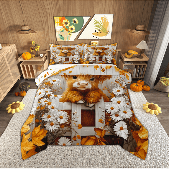 Manfei Cute Highland Cow Bedding Comforter Set, Groovy Flower Floral Twin Comforter Sets, Rustic Farmhouse Animal Reversible Bedding Set, Super Cozy Room Decor, 2pcs