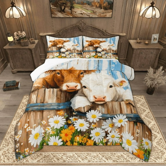 Manfei Cute Highland Cow Bedding Comforter Set for Kids, White Orange Daisy Twin Comforter Sets, Barn Door Lodge Cabin Bedding Set, Lightweight Room Decor 2 Pieces