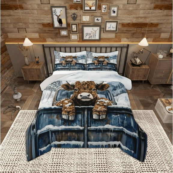 Manfei Cute Highland Cow Bedding Comforter Set,Rustic Farmhouse Cabin Twin Comforter Sets,Brown Cattle Bedding Set For Girls Kid,Breathable Home Decor Reversible,2 Pieces