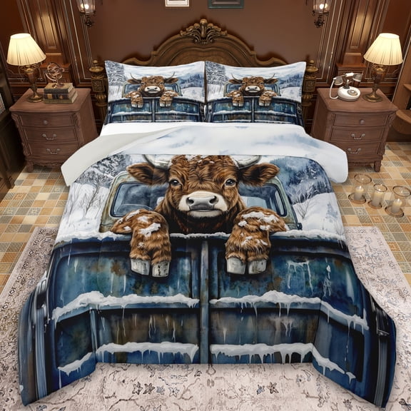 Manfei Cute Highland Cow Bedding Comforter Set,Rustic Farmhouse Cabin Twin Comforter Sets,Brown Cattle Bedding Set For Girls Kid,Breathable Home Decor Reversible,2 Pieces