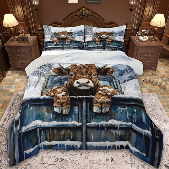 Manfei Cute Highland Cow Full Size Comforter Sets,Rustic Farmhouse Cabin Bedding Comforter Set,Brown Cattle Bedding Sets For Girls Kid,Breathable Home Decor Reversible,3pcs