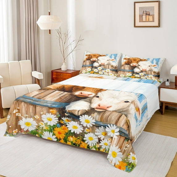 Manfei Cute Highland Cow Full Size Sheets for Kids, White Orange Daisy Bed Sheets, Barn Door Lodge Cabin Sheet Sets, Lightweight Room Decor 4-Piece