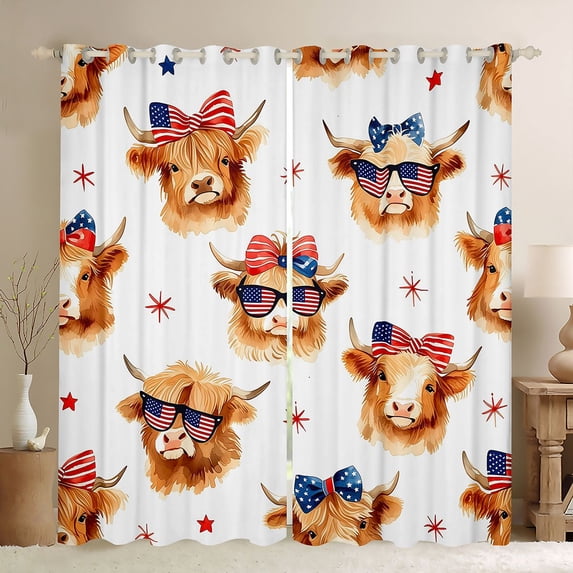 Manfei Cute Highland Cow Kitchen Curtains,American Flag Bowtie Black Out Curtains Pack of 2 (42x63 Each),Brown